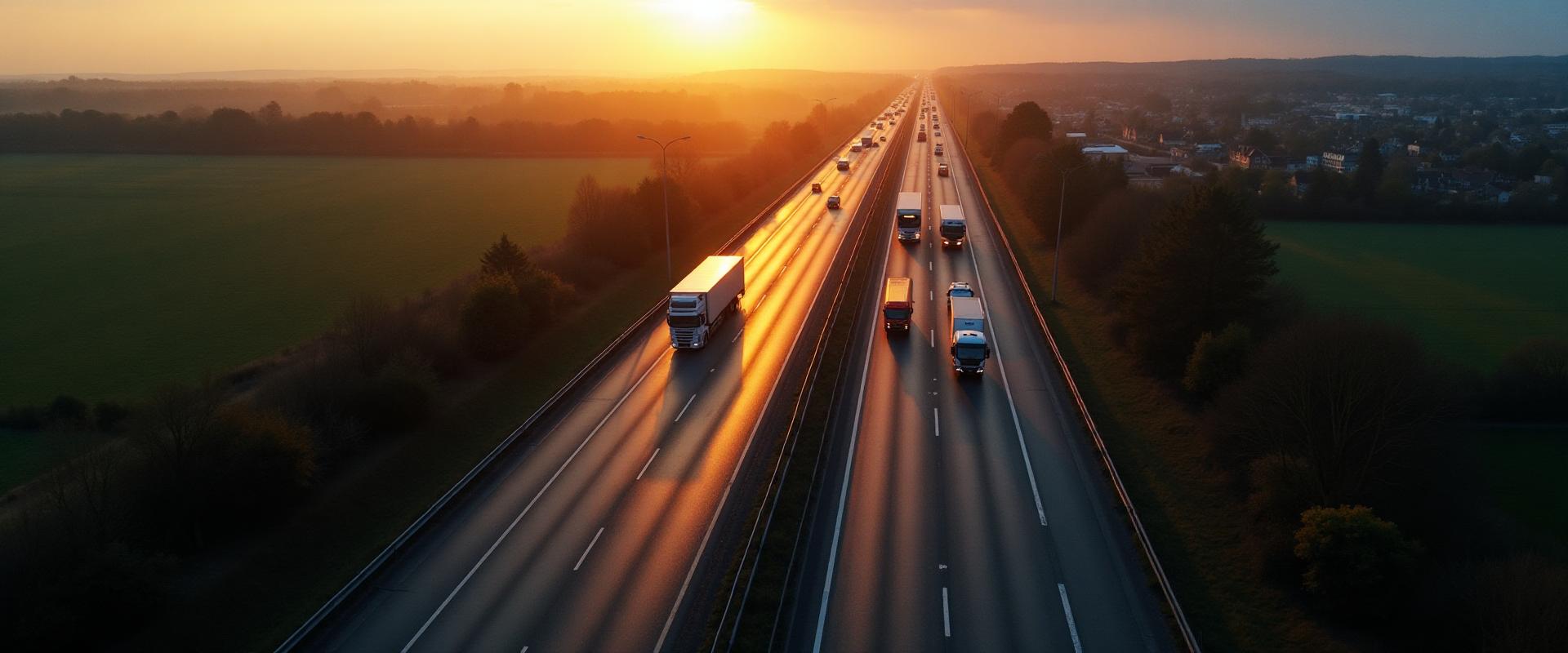 Aerial view of UK motorway at golden hour showing logistics vehicles in motion representing ASB Logistics nationwide delivery network