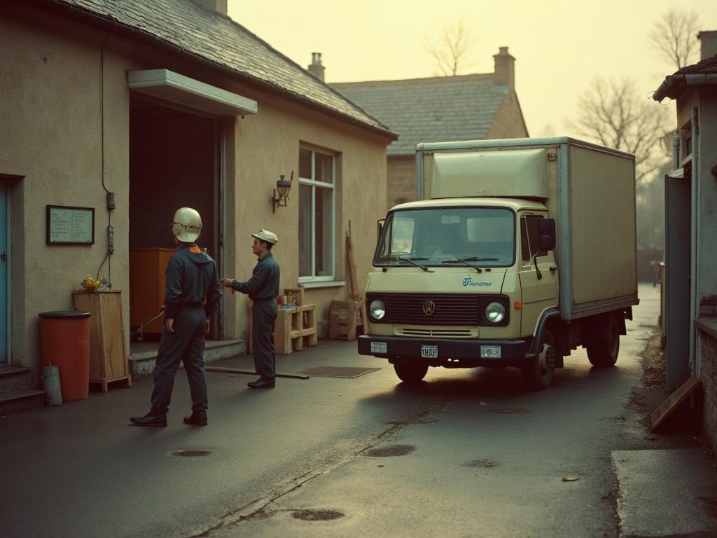 Early days of ASB Logistics operations showing workers loading a delivery van at a small UK warehouse facility