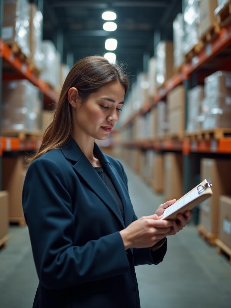 ASB Logistics manager reviewing delivery checklist in organised UK warehouse demonstrating commitment to reliability and quality