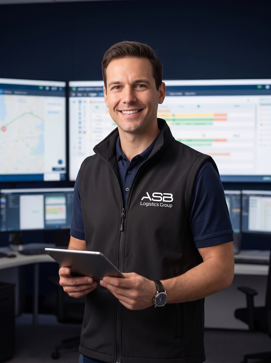 ASB Logistics account manager in operations centre reviewing real-time delivery tracking data on tablet