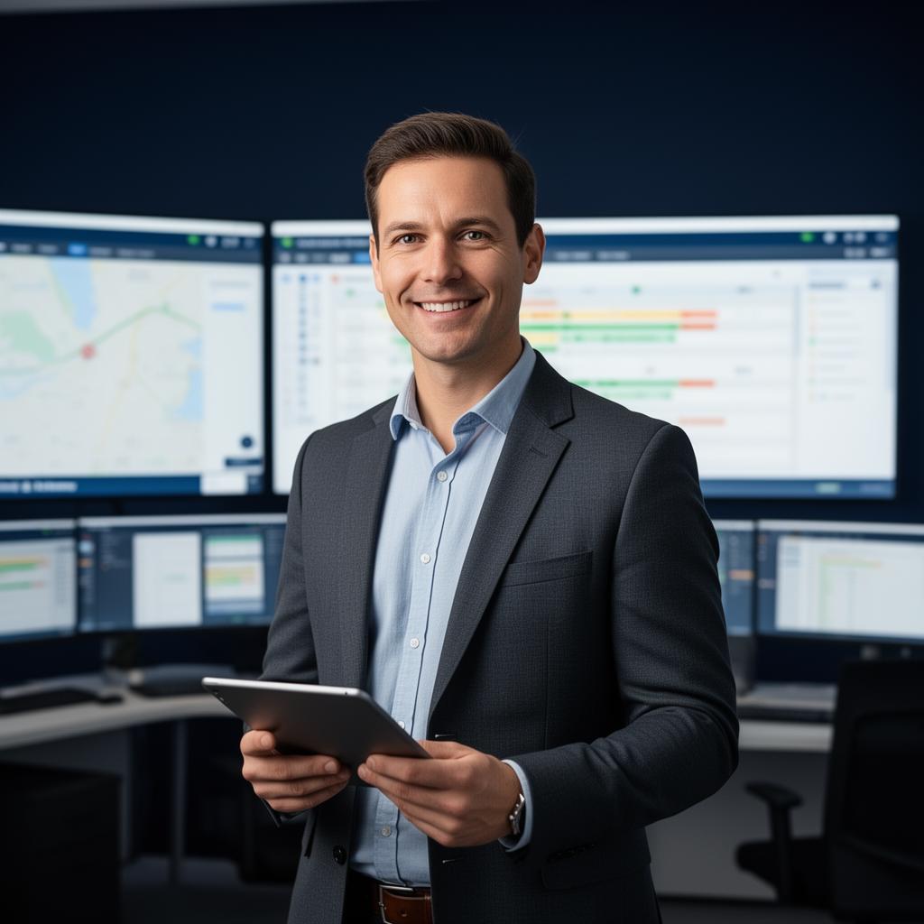 ASB Logistics account manager in operations centre reviewing real-time delivery tracking data on tablet