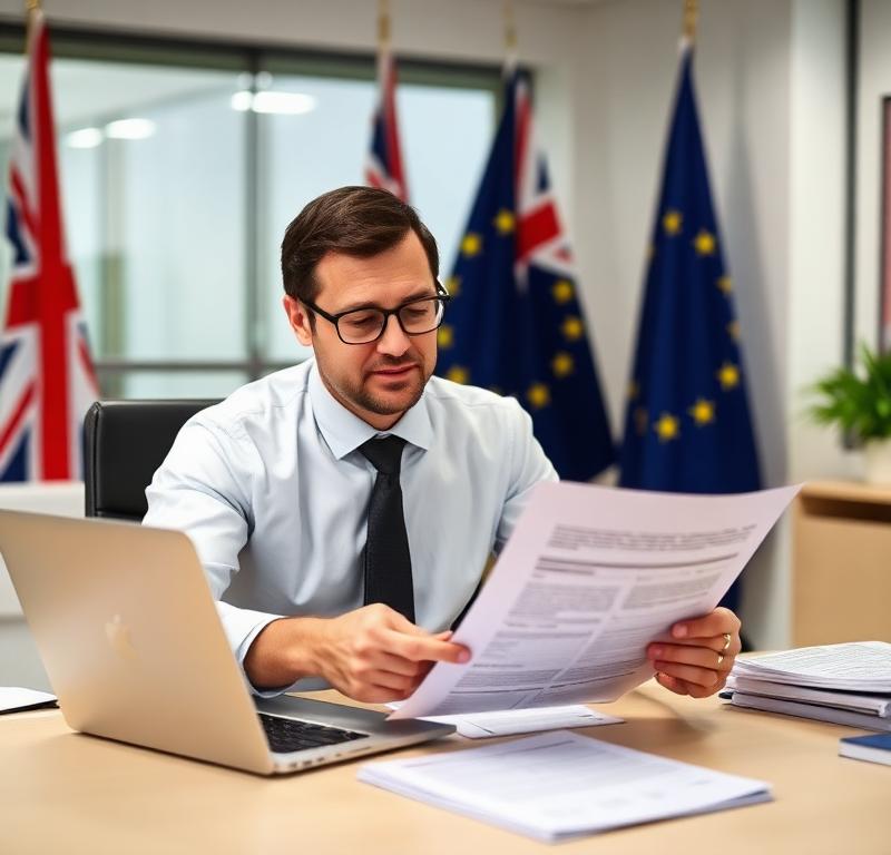 UK freight customs specialist reviewing post-Brexit trade compliance documents with UK and EU flags visible in background