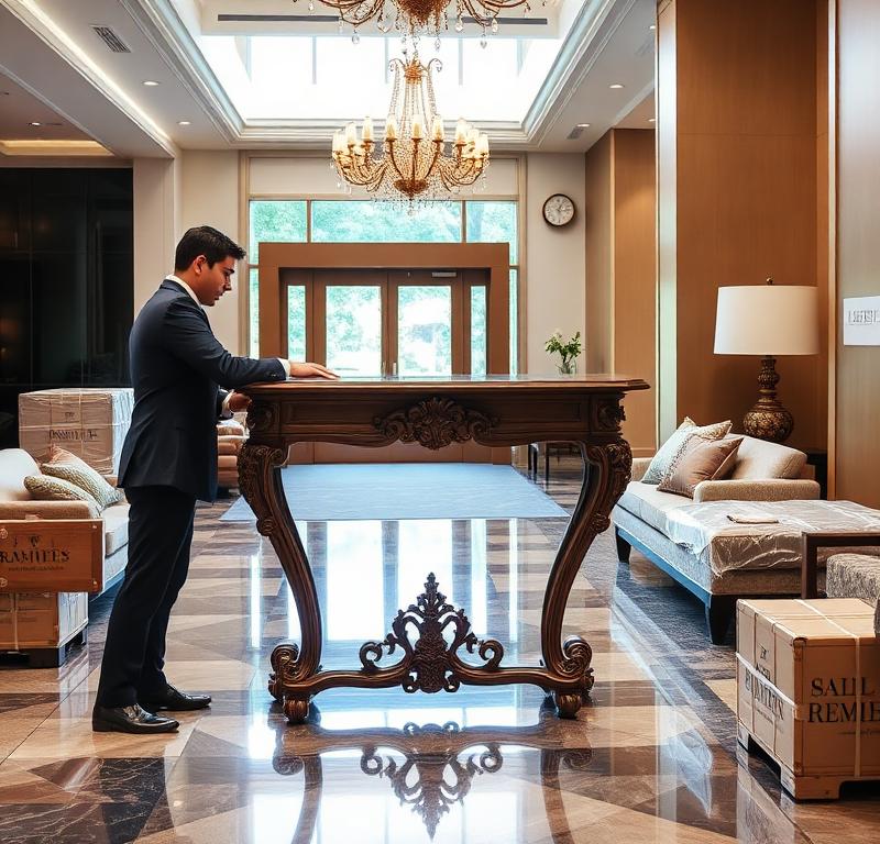 ASB Logistics FF&E specialists carefully positioning luxury hotel lobby furniture during fit-out installation for specialist logistics guide
