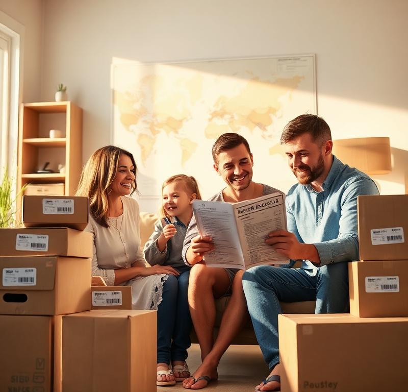 Family reviewing international removals checklist in partially packed living room with world map on wall for ASB Logistics moving abroad guide