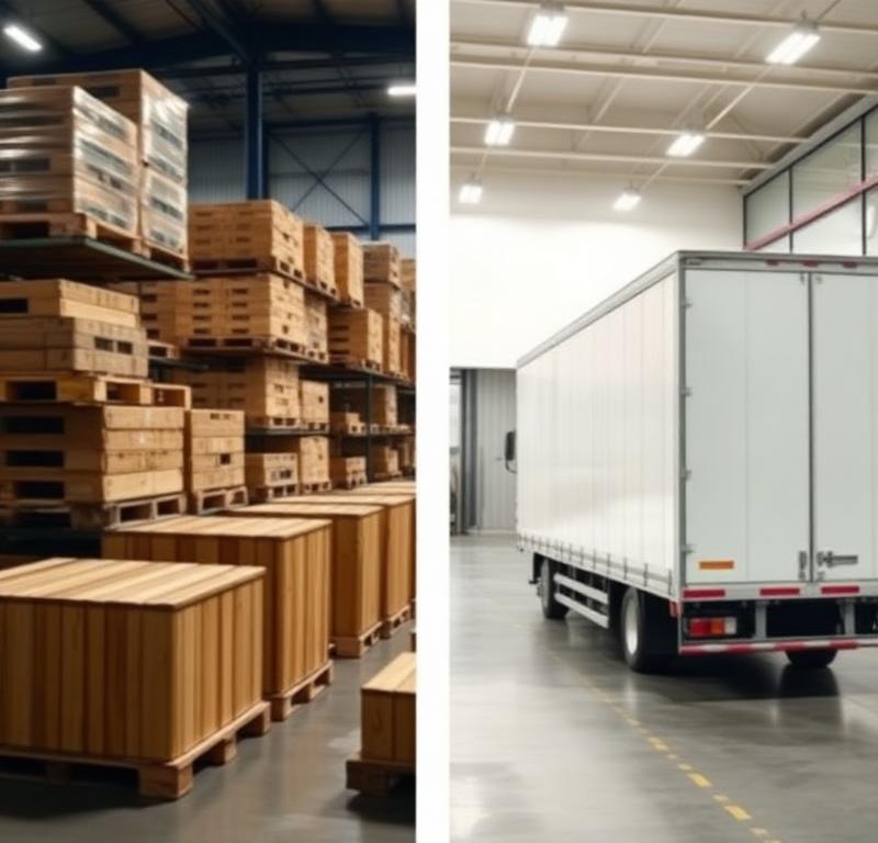 Split comparison image of UK pallet network hub and dedicated logistics vehicle for ASB Logistics distribution guide