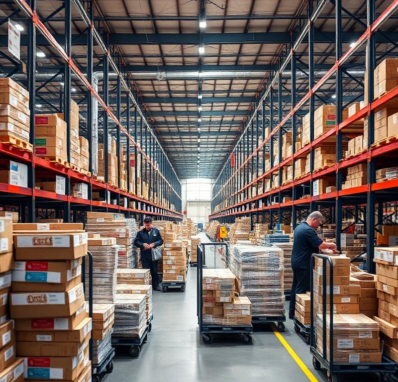 UK ecommerce fulfilment warehouse at peak Black Friday operation with workers packing orders and parcels stacked ready for dispatch