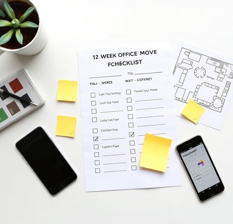 Twelve-week office relocation checklist flat-lay with floor plan, calendar and coffee showing practical planning guide for UK business moves