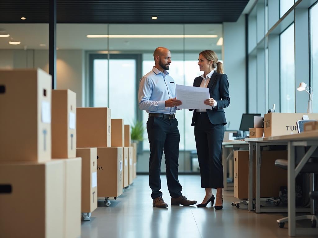 ASB Logistics corporate office relocation team reviewing move plan with neatly labelled crates in modern UK open-plan office ready for managed relocation