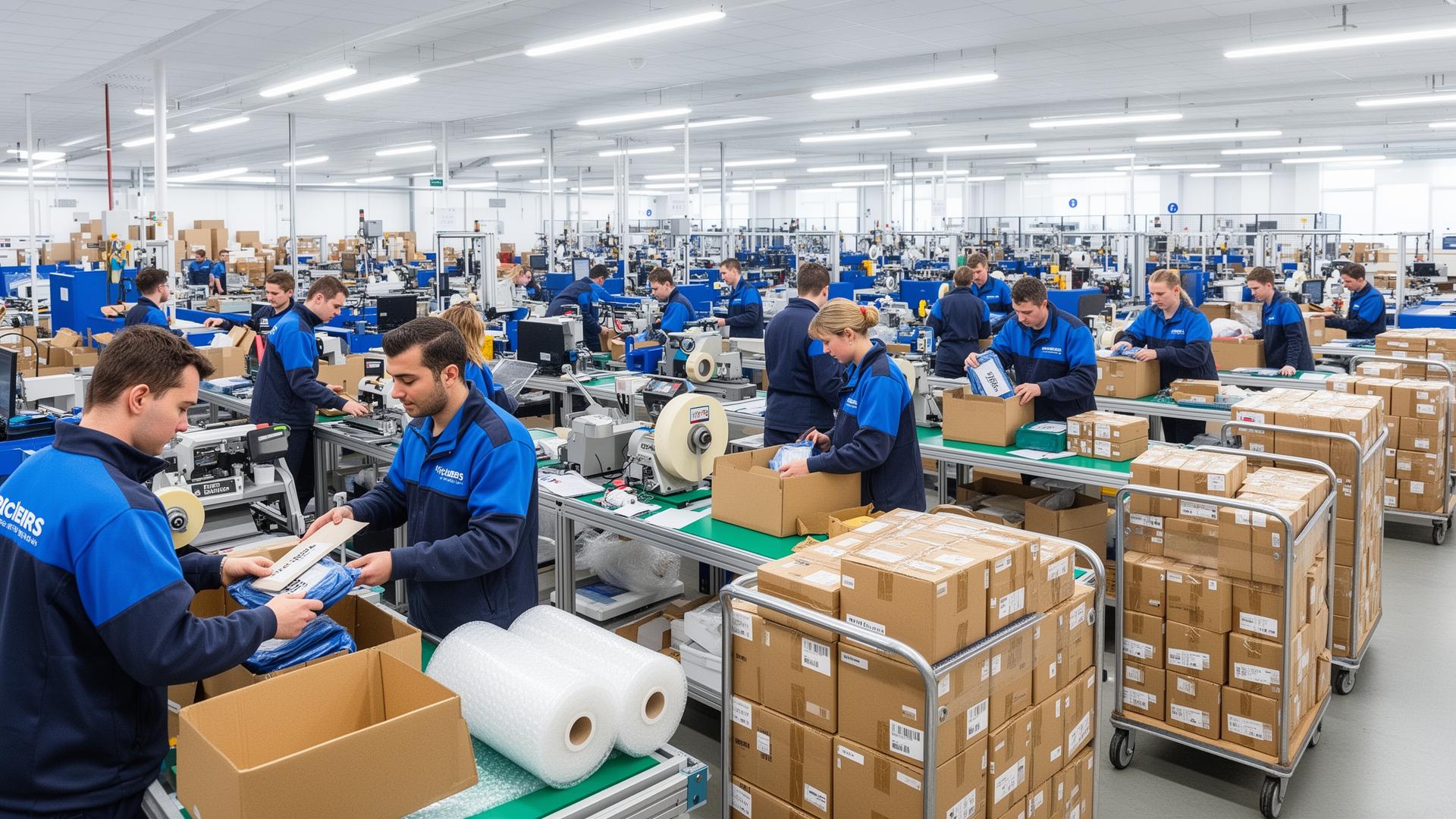 ASB Logistics ecommerce fulfilment centre with packing stations, workers processing orders and outbound parcels ready for same-day dispatch