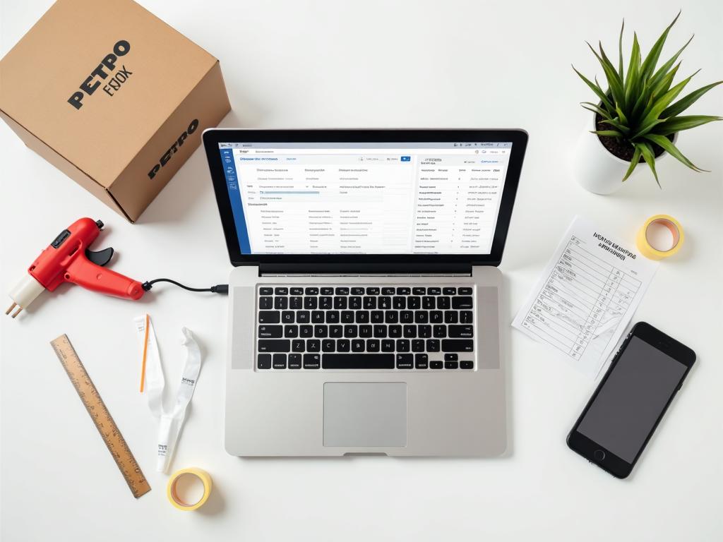 Ecommerce fulfilment guide flat-lay showing laptop with order dashboard, branded packaging, packing tape and delivery tracking notification for ASB Logistics resources page