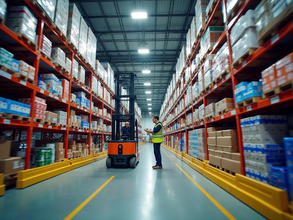 ASB Logistics FMCG distribution centre interior showing high-rack consumer goods storage, forklift moving pallets and inventory scanning for UK consumer brands