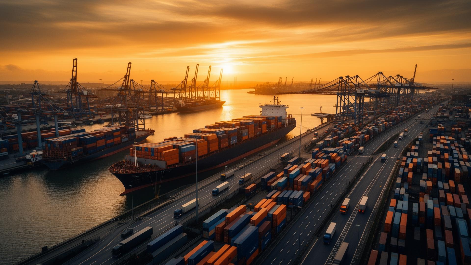 ASB Logistics freight shipping operations at UK seaport showing container ships, stacked containers and port cranes at golden hour