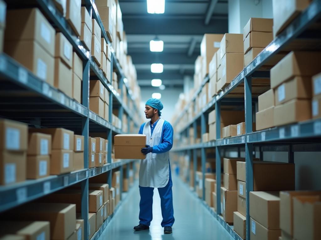 ASB Logistics healthcare sector operative in clinical workwear carefully handling marked medical supply boxes in compliant UK healthcare warehouse