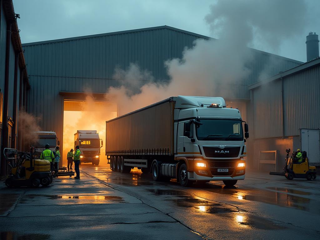 ASB Logistics manufacturing and trade loading bay at dawn showing HGV lorries at loading docks with workers palletising industrial goods for B2B distribution