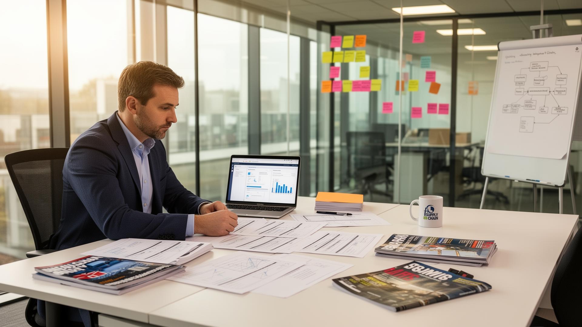 ASB Logistics operations manager reviewing logistics industry reports and analytics dashboard in modern UK office representing expert resources and guides