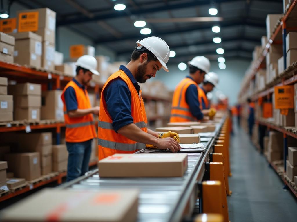 ASB Logistics retail and ecommerce fulfilment warehouse with busy packing stations, conveyor system and fashion product shelving for UK online retail brands