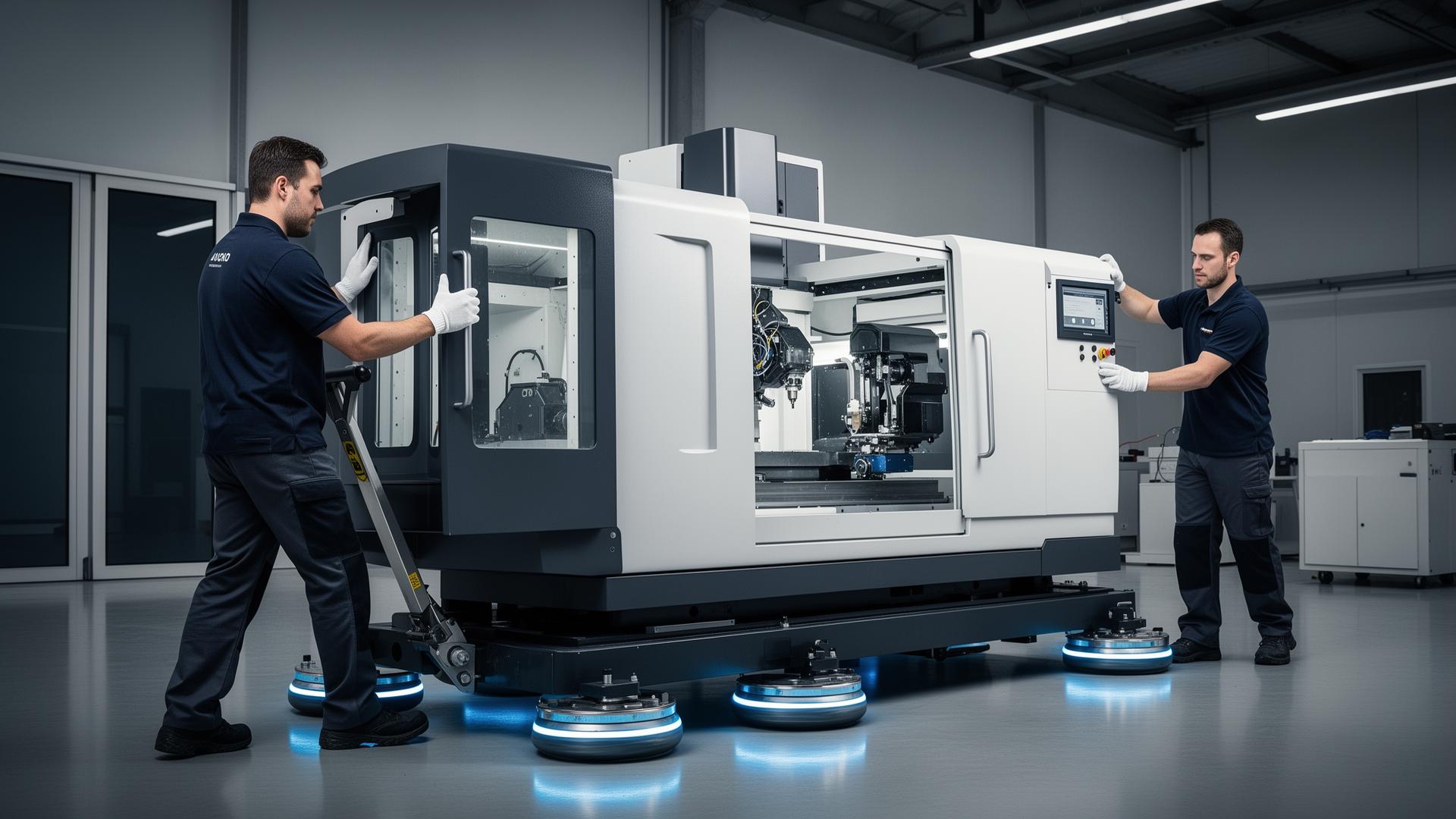 ASB Logistics specialist operatives in white gloves using air-cushion dollies to carefully relocate high-value precision equipment